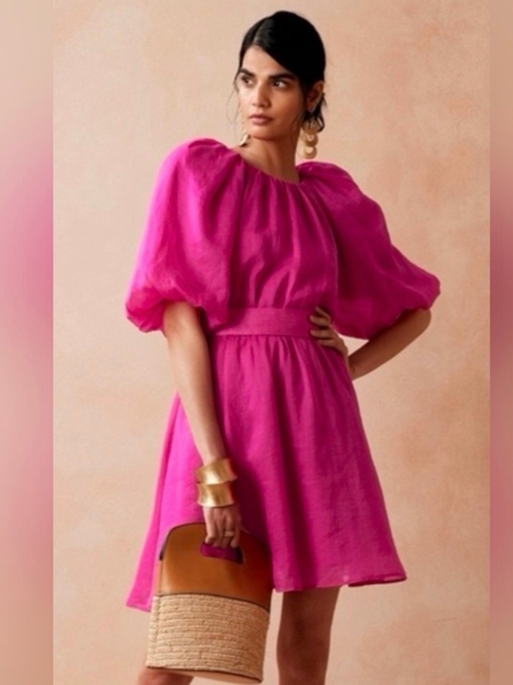 Banana Republic Bright Fuchsia Puff-Sleeve Mini Dress